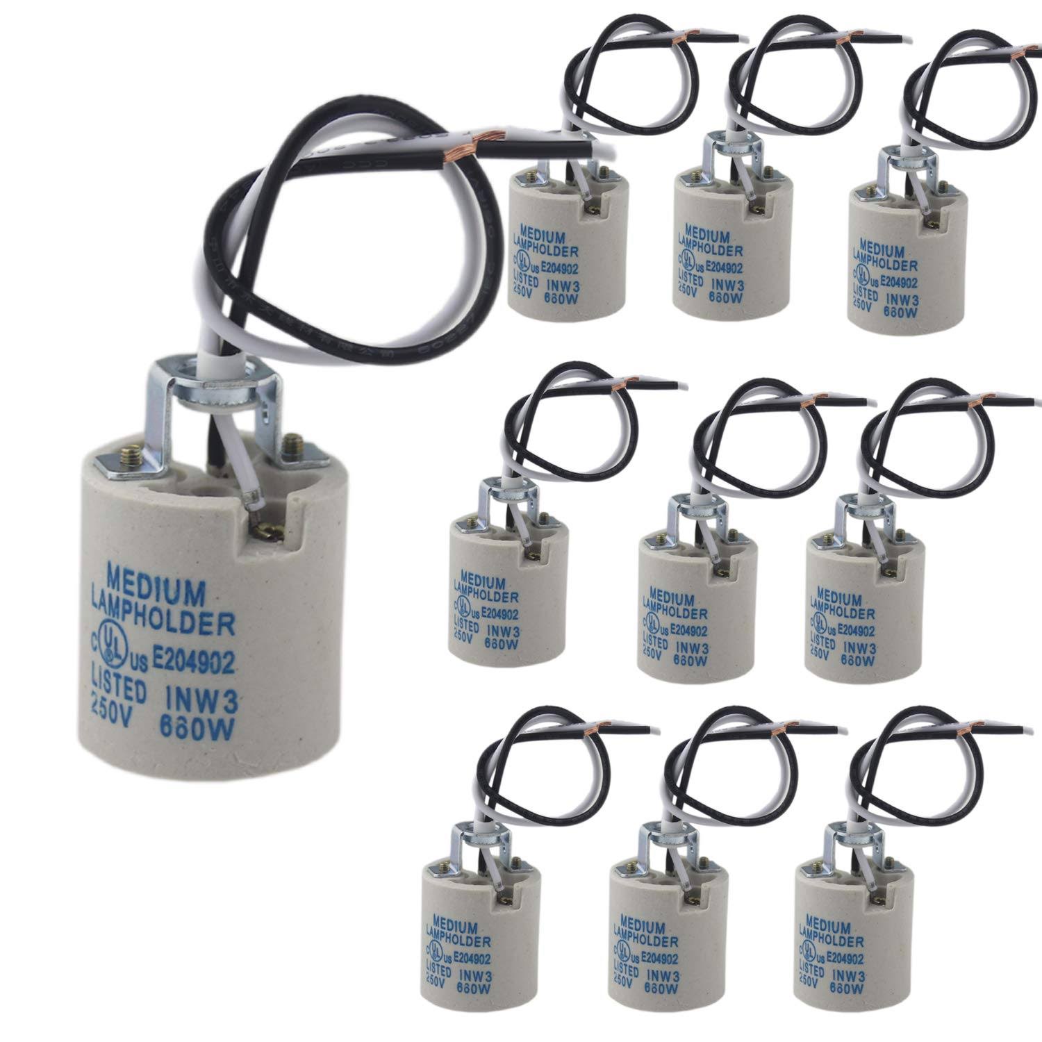 10pcs Ceramic Standard Medimun Screw Base Socket E26 E27 Bulb Holders With Wire for Hot Halogen Bulb