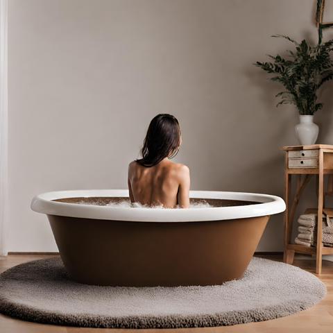 A woman having a cold plunge on a brown tub