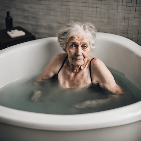 Old Woman on a Cold Plunge on a Blue Tub