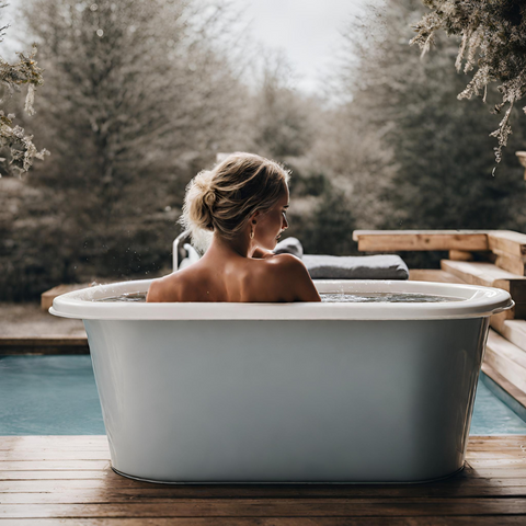 Pregnant Woman on a Cold Plunge Tub Oustide