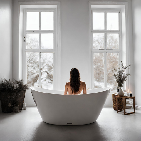 Woman having a cold plunge on a white tub