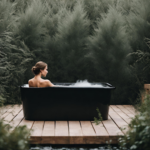 Woman on Cold Plunge on a Black Tub Outdoor