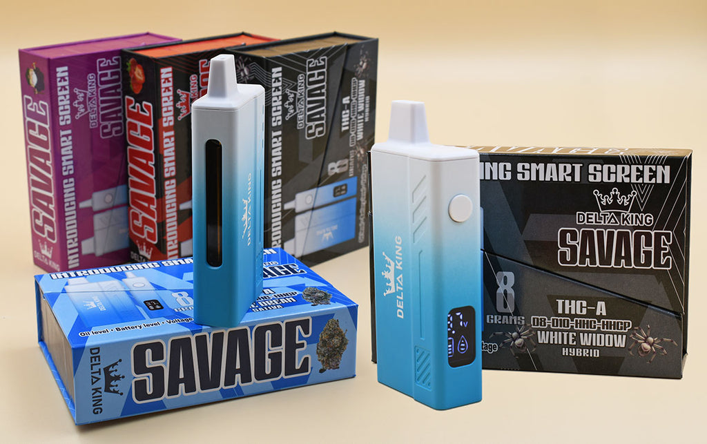 Delta-King's Savage THCA vape in 10 cannabis strain oriented flavors