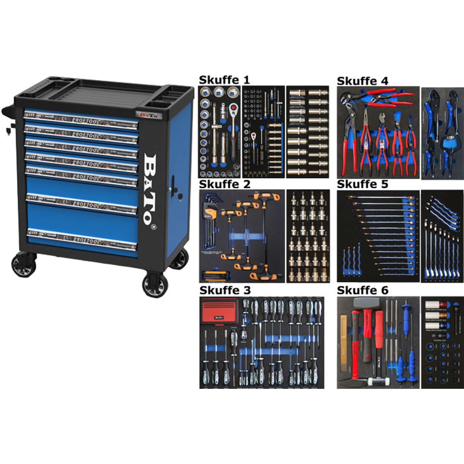 Se BATO Værktøjsvogn med 7 skuffer og endeskab 340 dele 9112-340 blå hos Toolster.dk