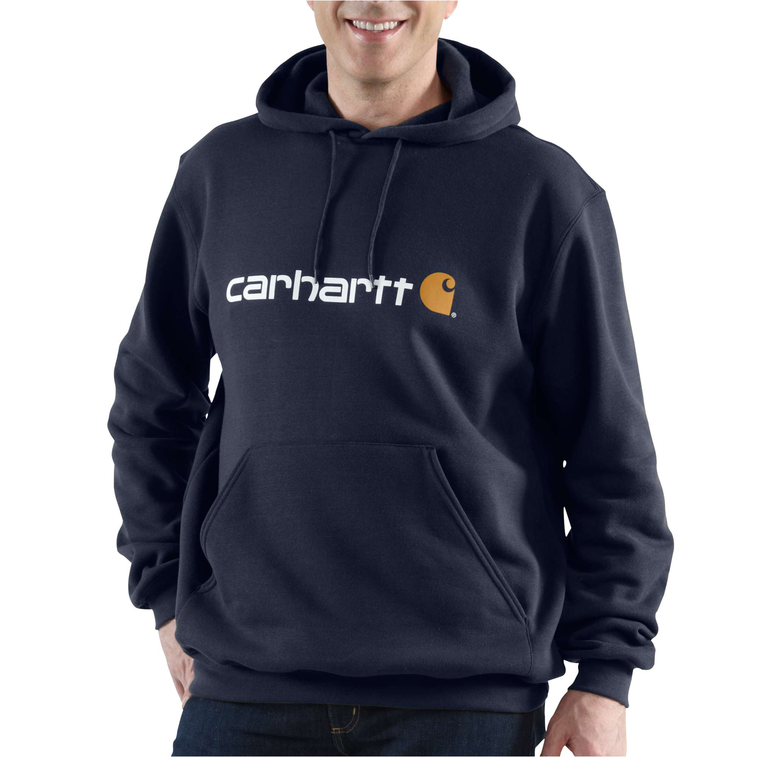 Se CARHARTT Hættetrøje Signature Logo Hooded Sweatshirt New Navy - XS hos Toolster.dk