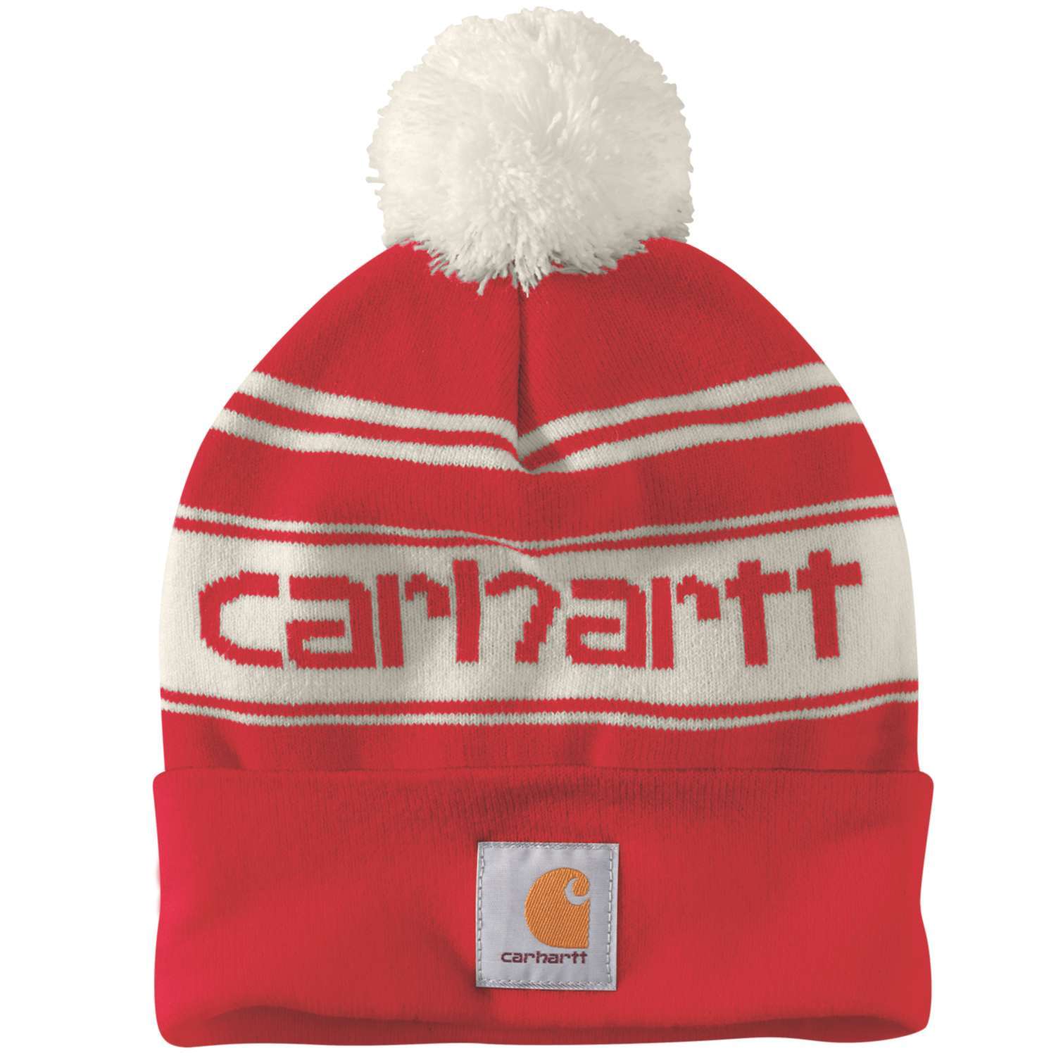 Se CARHARTT Hue Knit Cuffed Logo Beanie RED WINTER WHITE OFA hos Toolster.dk