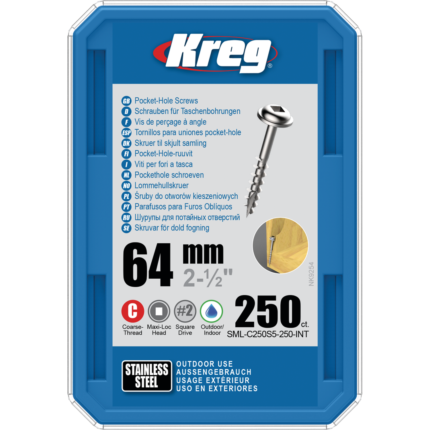 Billede af KREG Pocket-Hole skruer 64mm Stainless Steel Maxi-Loc grov gevind 250stk