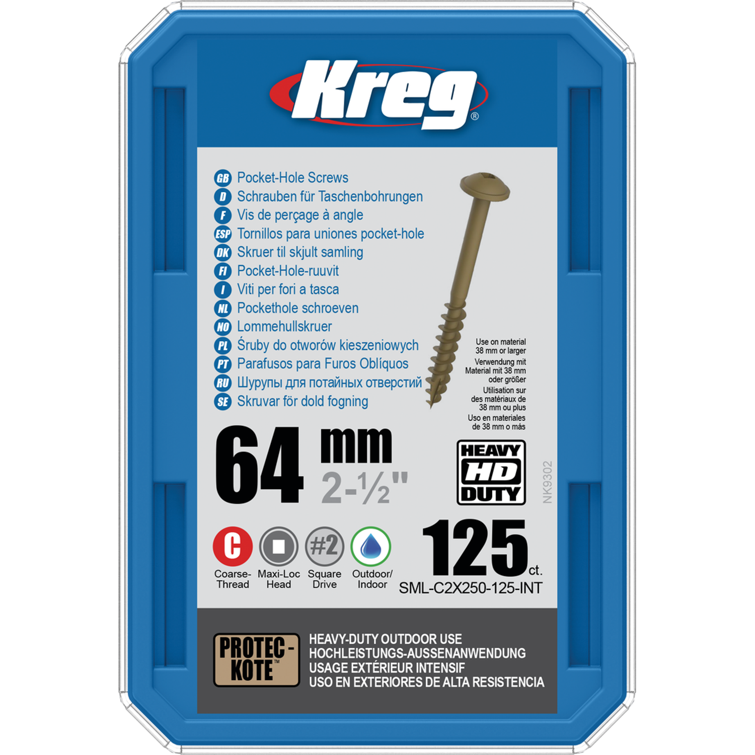Billede af KREG HD Pocket-Hole skruer 64mm Protec-Kote Maxi-Loc grov gevind 125stk