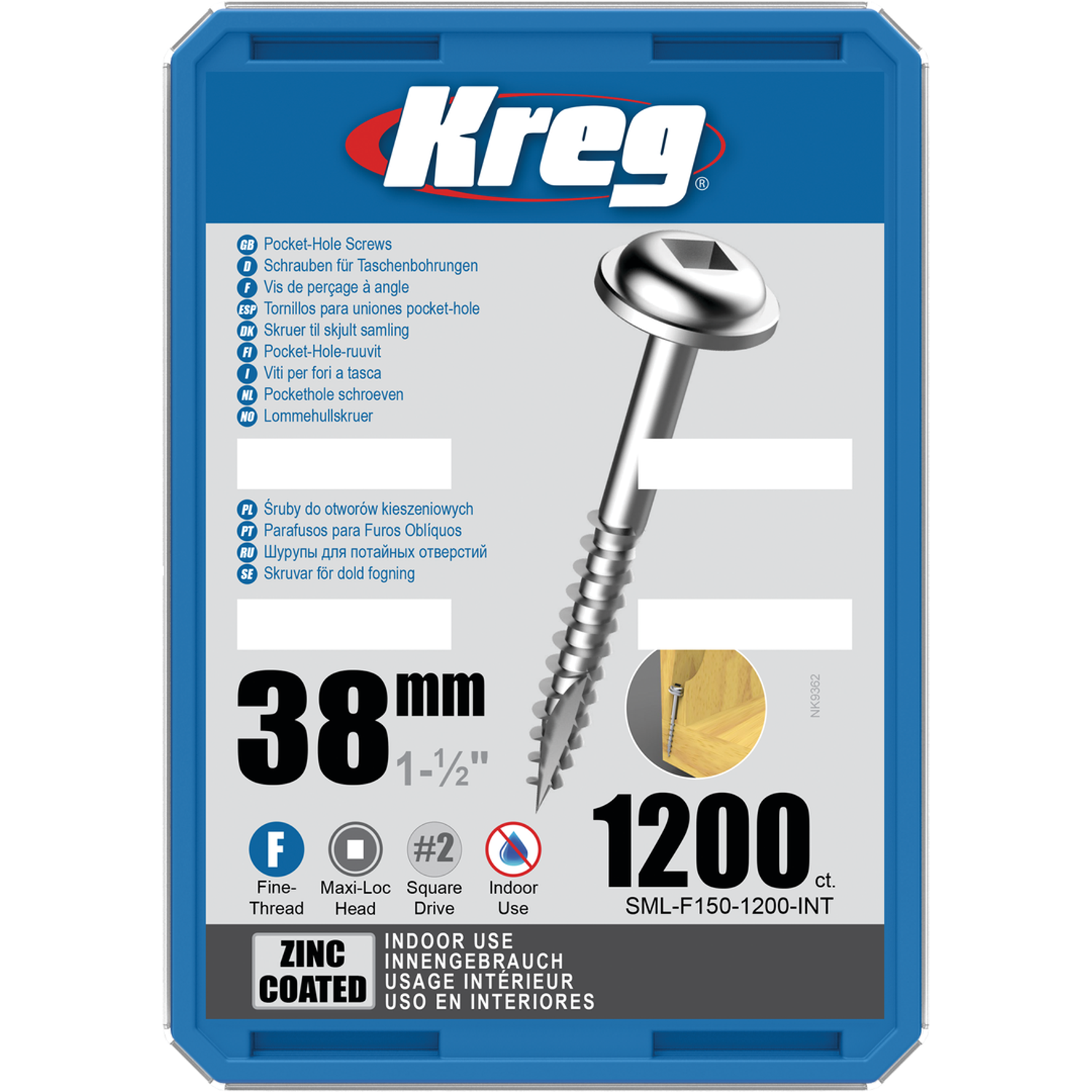 Billede af KREG Pocket-Hole skruer 38mm Zinc Coated Maxi-Loc fin gevind 1200stk