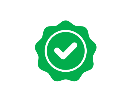 Green seal with a checkmark indicating approval or confirmation.