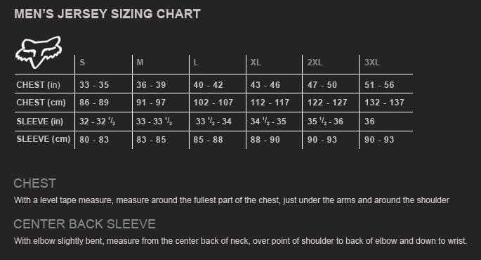 FOX MENS JERSEYS Size Guide