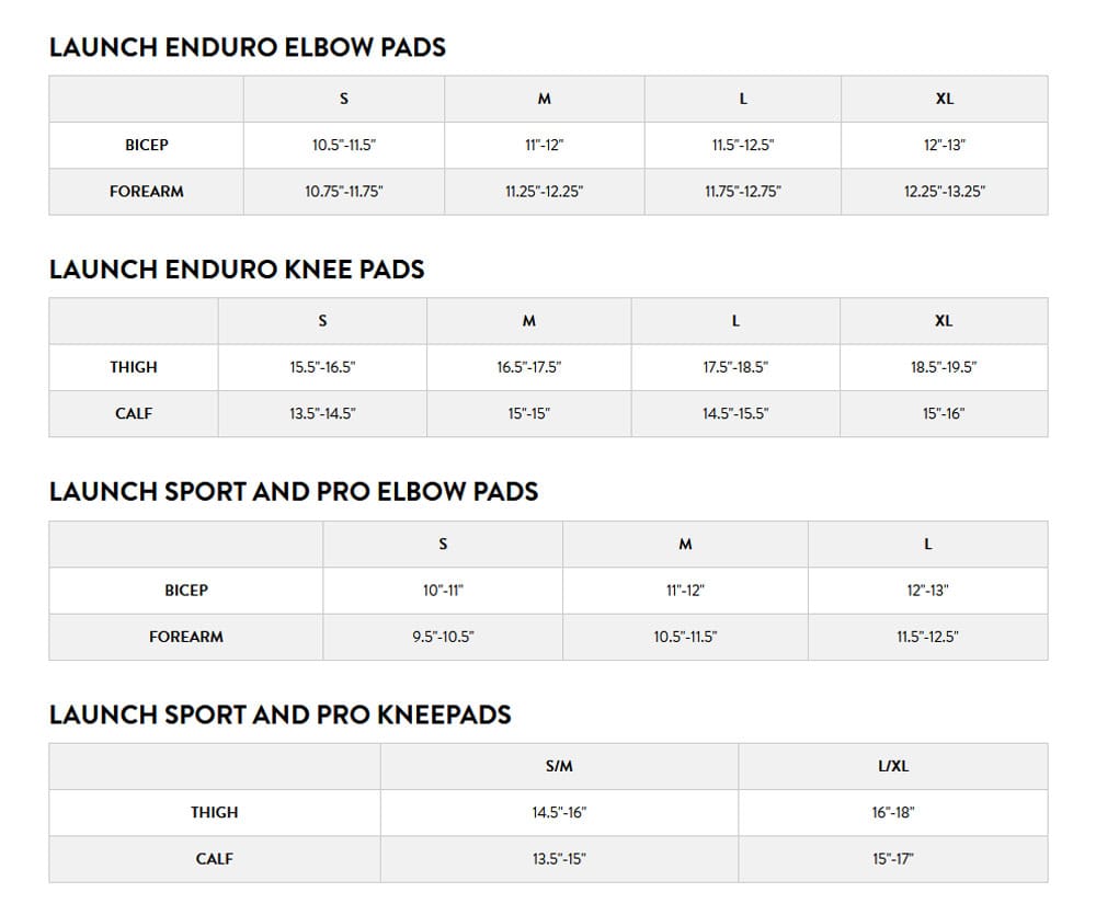 FOX LAUNCH ENDURO PADS Size Guide