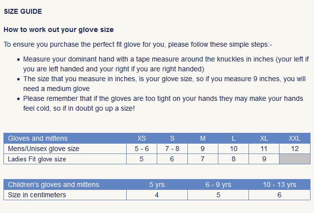 SealSkinz Gloves Size Guide