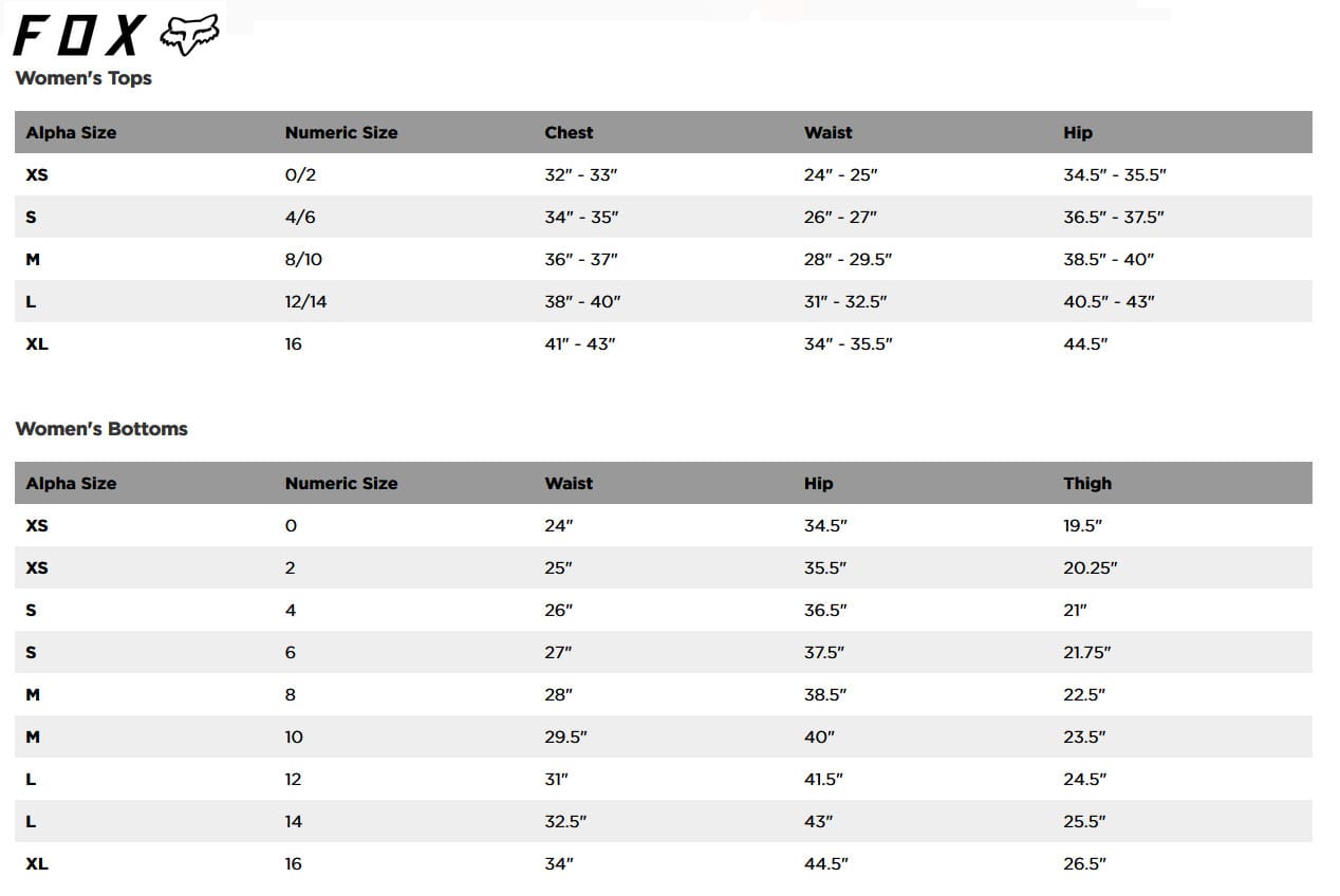 FOX WOMEN Size Guide