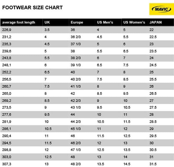 Mavic Footwear Size Guide
