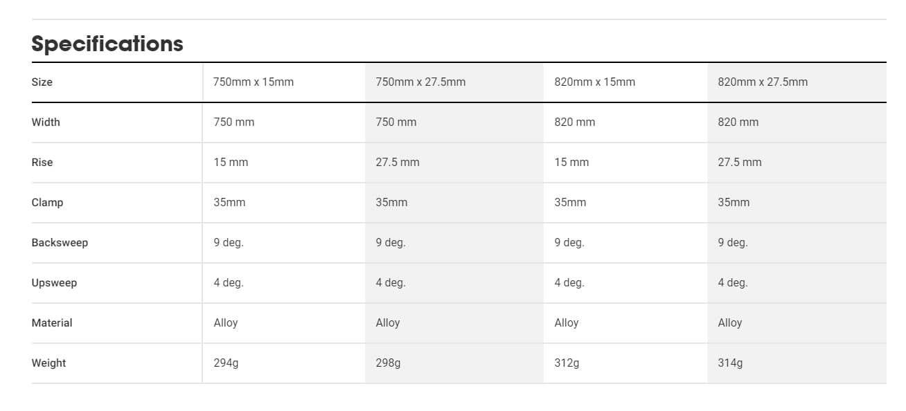 BONTI LINE 35 BARS Size Guide