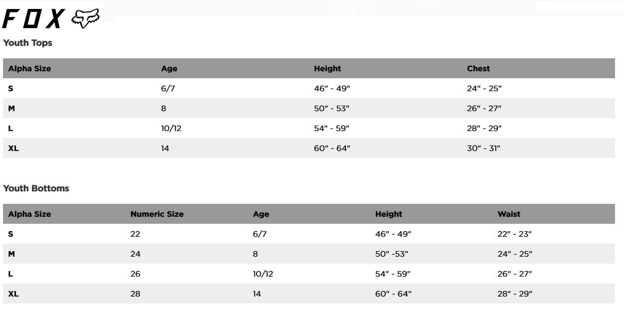 FOX YOUTH Size Guide