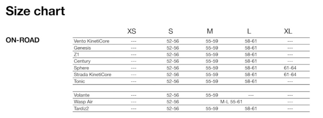 LAZER ROAD Size Guide