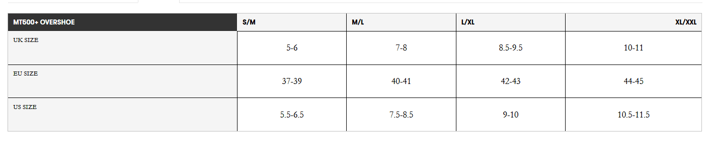 ENDURA MT500+ OVERSHOE Size Guide