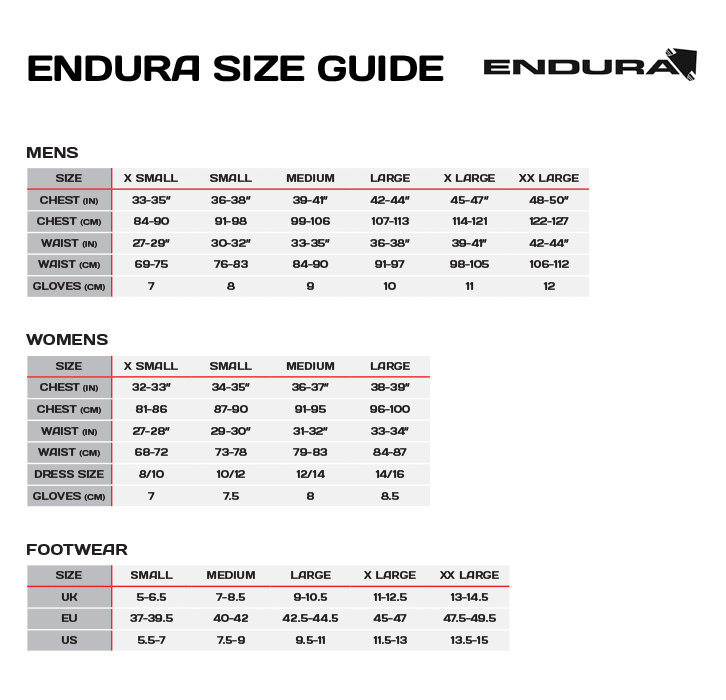 Endura Size Guide Size Guide