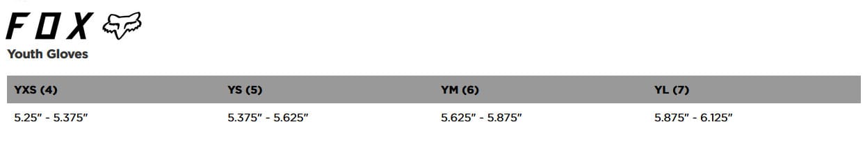 FOX YOUTH GLOVES Size Guide