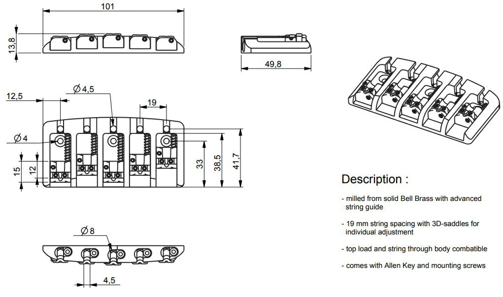 ABM/ABM3705C17 MkII 5弦ベース用 ベルブラスブリッジ 弦間17mm