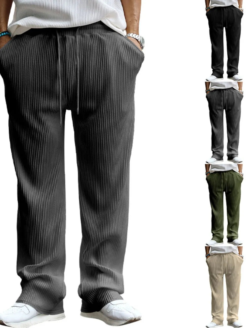 Men's Full Size Ribbed Drawstring Wide Leg Pants with Plus Size