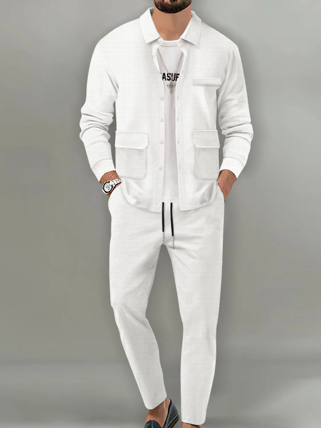 Men's Full Size Button Up Long Sleeve Top and Pants Set Plus Size