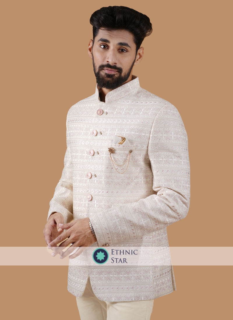 Vivacious Rayon And Satin Fabric Readymade Jodhpuri Suit In Cream Color
