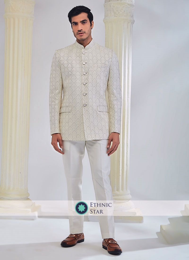 Mandarin collar Mens Indian Wedding Cream Embroidered Jodhpuri Suit|  InMonarch