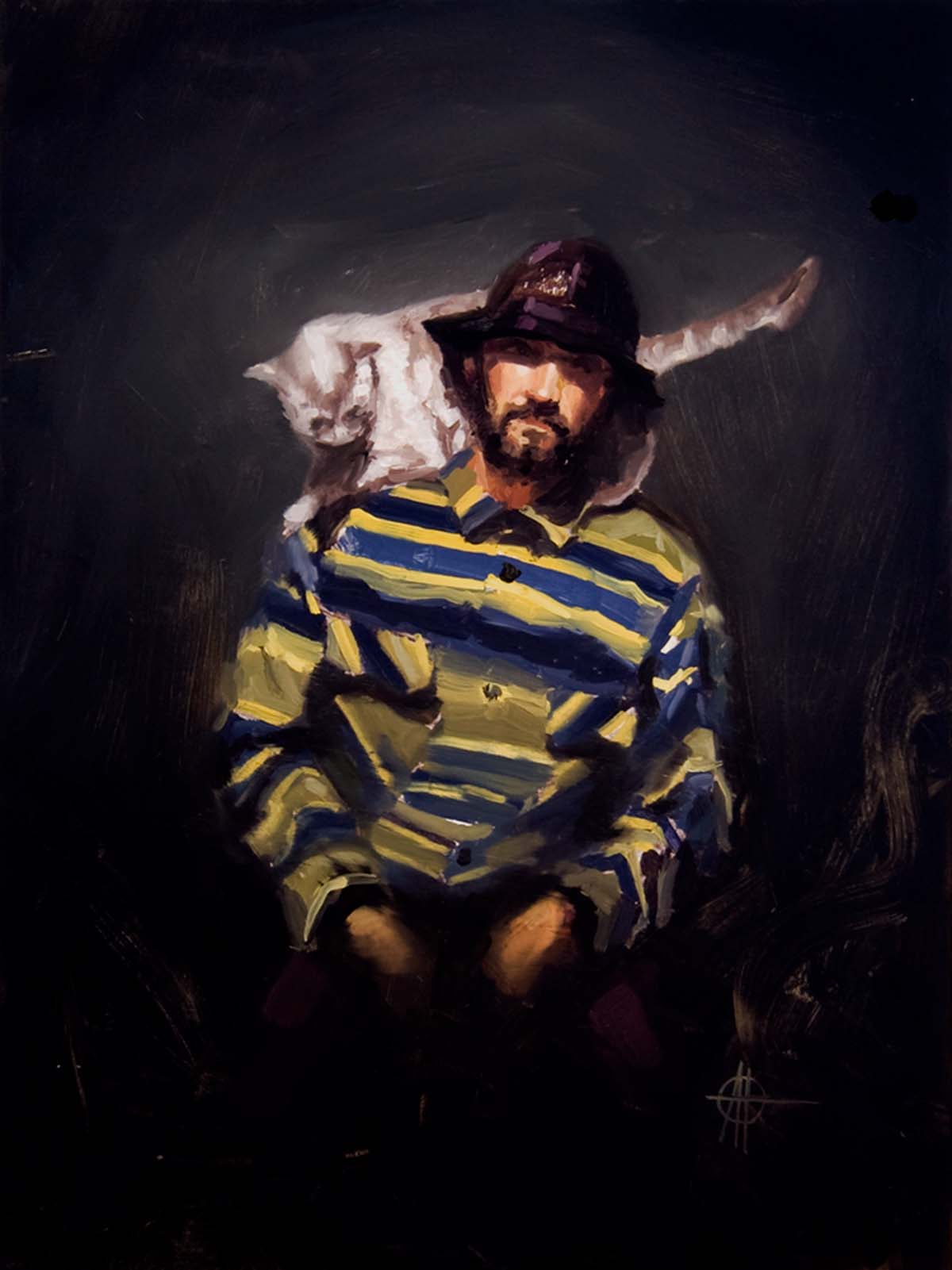 Artist Andrew Petterson's self portrait with cat