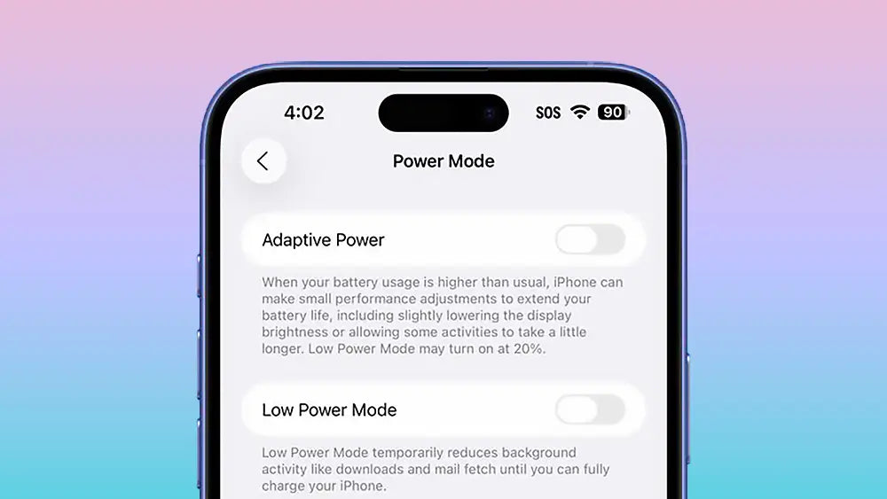 iPhone Power Mode settings screen showing Adaptive Power toggle off and Low Power Mode toggle off