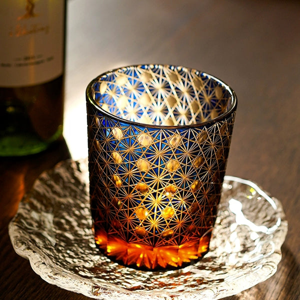 J20 Hand Cut Edo Kiriko Glasses Drinking Glass 9 Ounces Amber Blue
