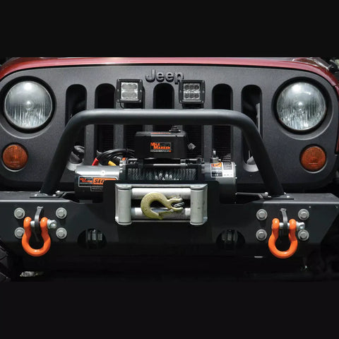 Front View of Electric Winch Mounted on Jeep