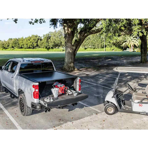 Fully closed tonneau bed cover and tailgat open to view the cargo placement