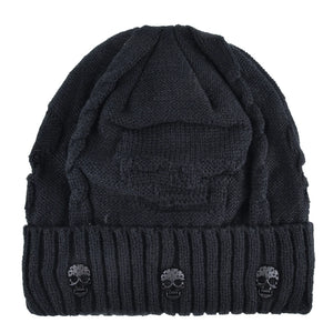 Skull Pattern Solid Color Hat With Metal Skulls Skullies Beanies Men's Knit Thick Hats, Winter Beanies Men Knitted TINMICO - TINMICO