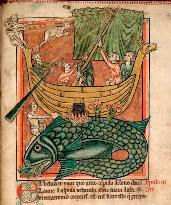 San Brandán navegando sobre una ballena segúnun manuscrito de la época