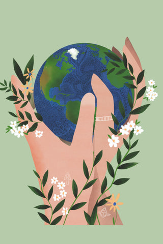 Two hands holding the earth. There are vines and white flowers.