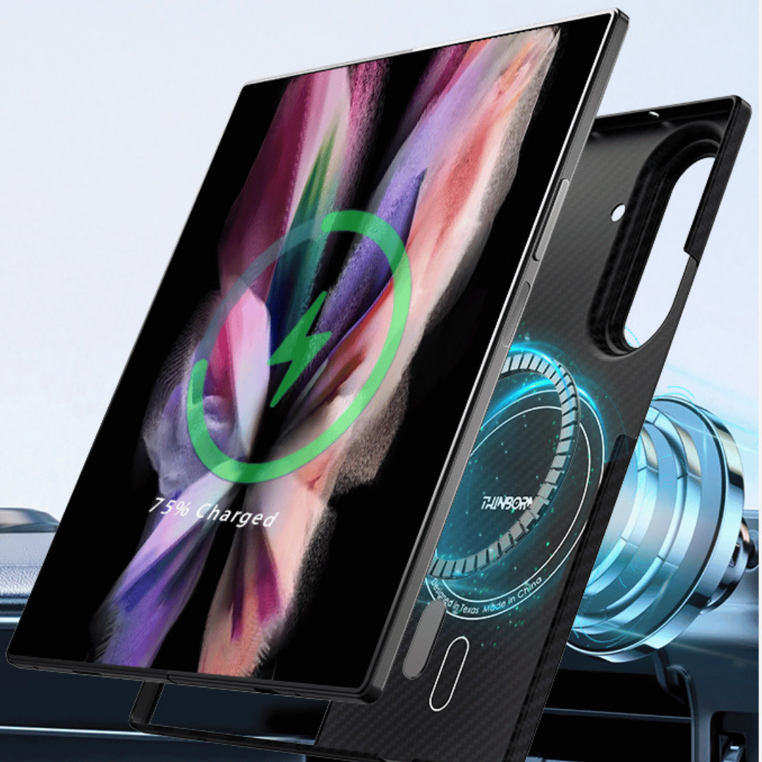 Magnetic Galaxy Z Fold 7 case attached to a MagSafe car mount, showing secure and stable connection.