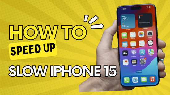 a banner with a hand holding iphone 15 with headline: how to fix iphone 15 running slow