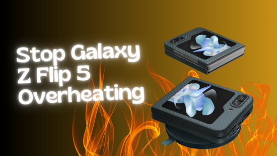 Galaxy z flip 5 phone sitting in fire, with headline: how to fix galaxy z flip 5 overheating