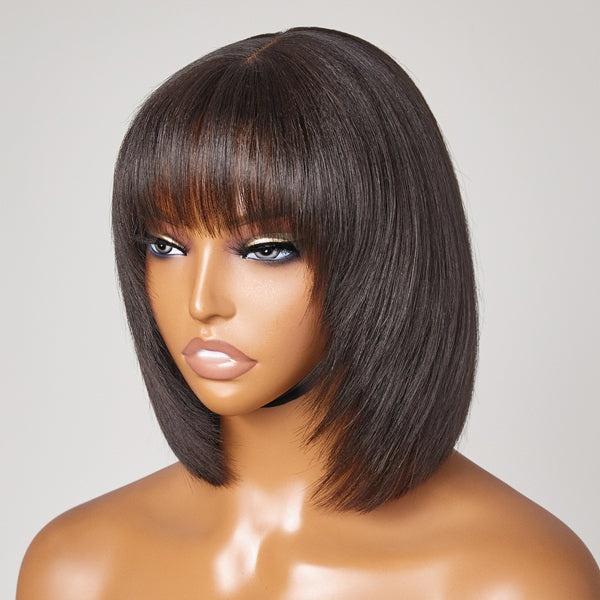 Trendy Layered Cut Yaki Straight Glueless Minimalist Lace Bob Wig With Bangs | Put On And Go