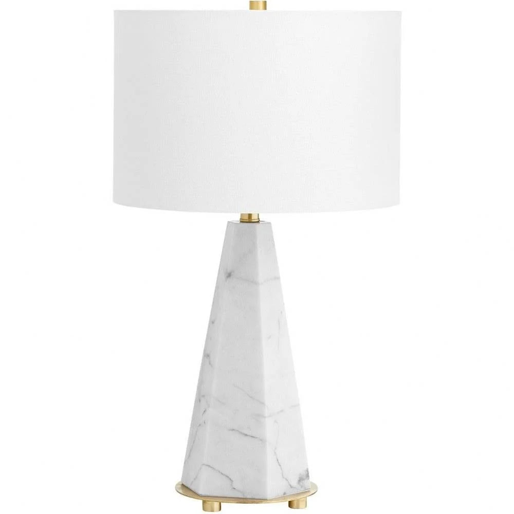 1 Light Contemporary Table Lamp with Tapered Hexagon White Marble Base and Gold Accents with Round Hardback White Linen Shade Bailey Street Home