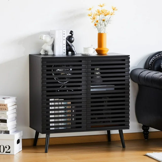 Smart FENDEE Modern Storage Cabinet with 2 Hollowed-Out Doors and 2-Tier Cupboard in Black,15.74"L