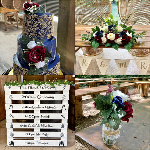 wedding flowers, artificial flower arrangement, navy, burgundy, red, rustic, barn, wedding cake