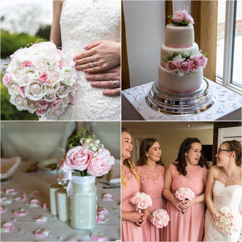pink wedding flowers, pearls, princess, wedding cake, artificial flowers, bridesmaids