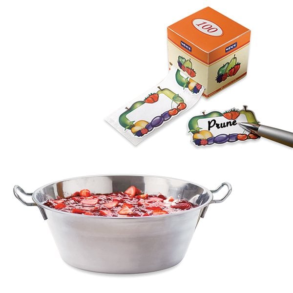 lot bassine à confiture 38 cm et 100 étiquettes autocollantes décor fruits