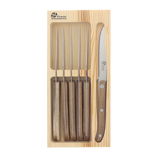 6 couteaux à steak antik en bois d'acacia et coffret bois pradel excellence