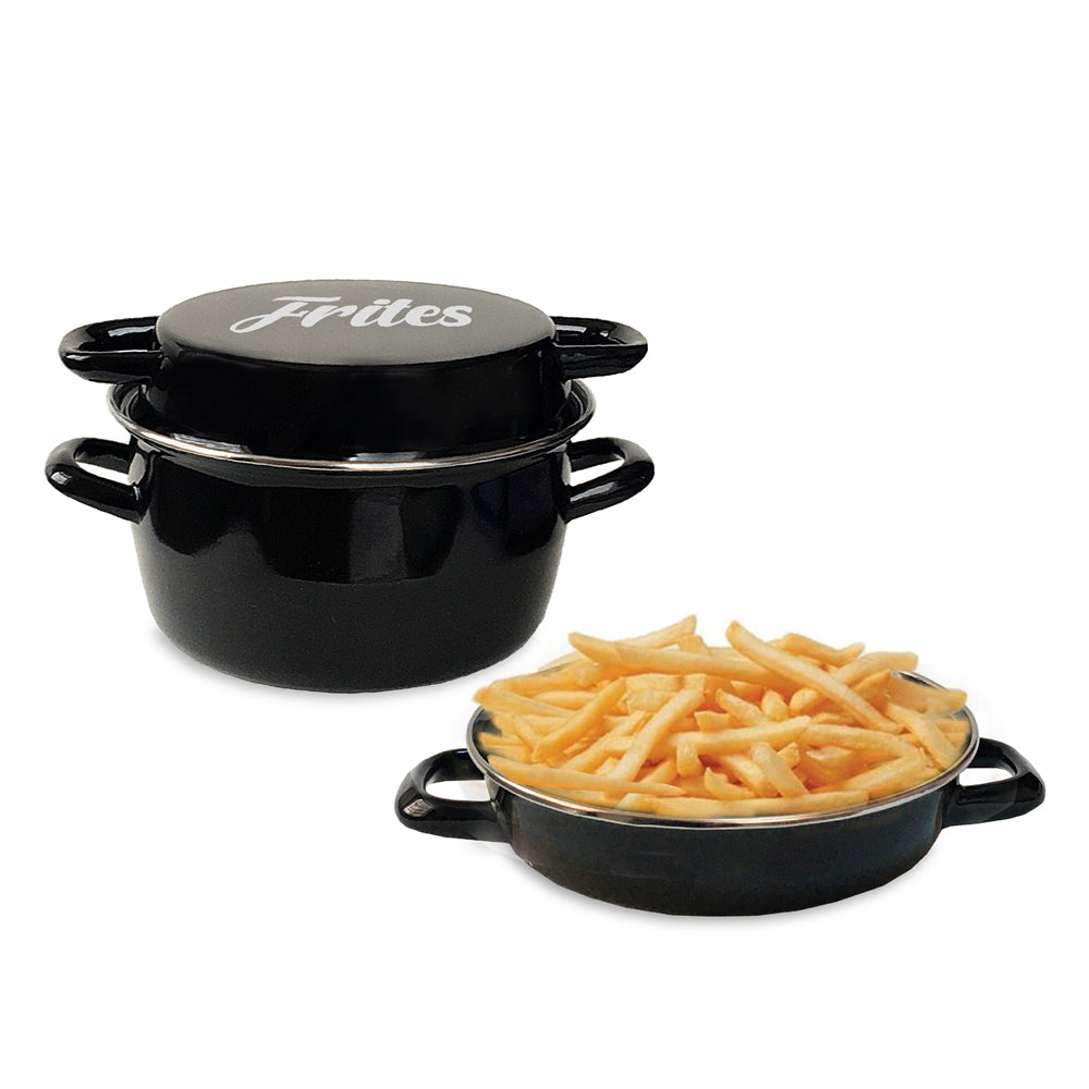 friteuse coloris noir décor  frites  26 cm couvercle émail et panier baumalu