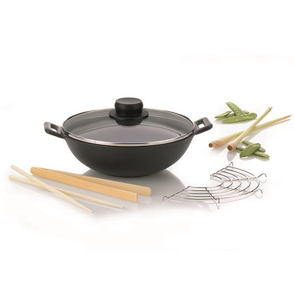 wok en fonte avec accessoires 24 cm 2 personnes kela